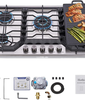 34 in. 5-Burners Recessed Gas Cooktop in Stainless Steel with 5-Power Burners and Double Sides Griddle